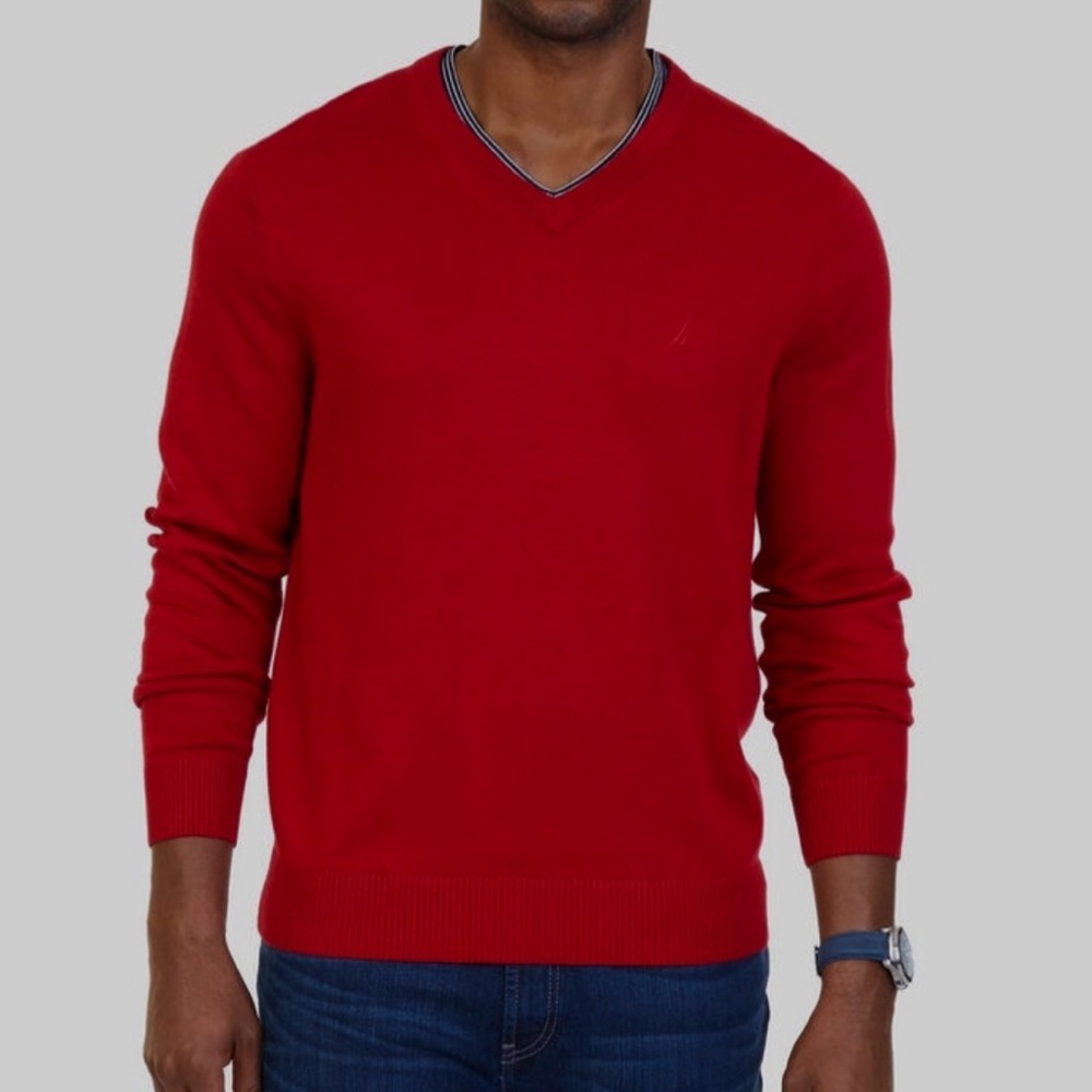 Nautica Men’s V-Neck Sweater Red 100% Cotton Preppy Academia Size XXL